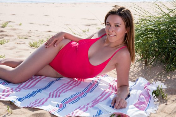 beautiful girl in pink swimsuit