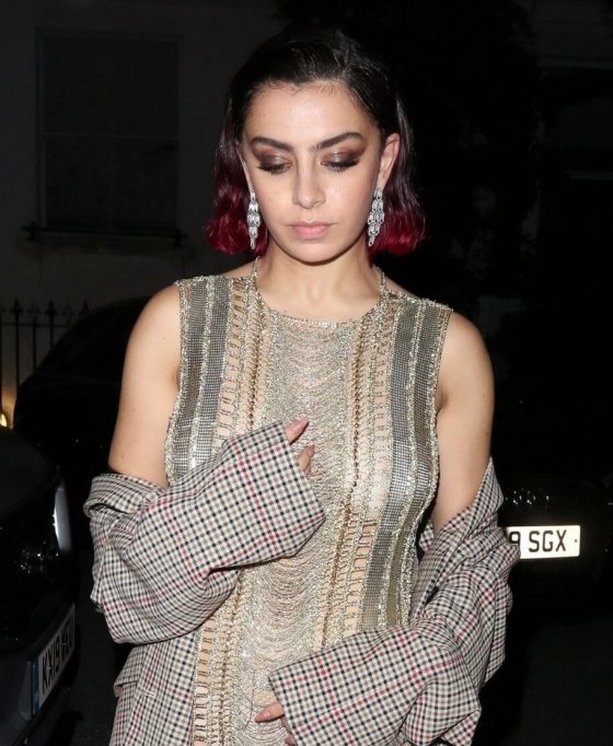 sexy celebrity singer Charli-XCX braless see through mini dress candid 1