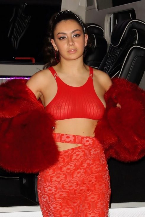 CHARLI XCX Braless BOOBS Nipples in sheer top (4 photos)