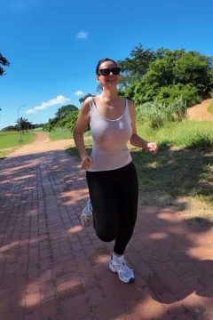 hot busty woman jogging braless outdoors